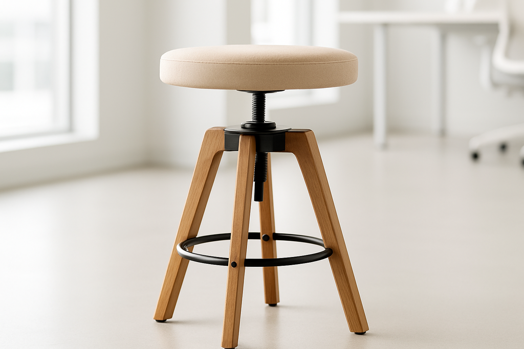 A contemporary backless office stool with a round beige cushioned seat and wooden base with metal accents, shown from the side in a bright office environment