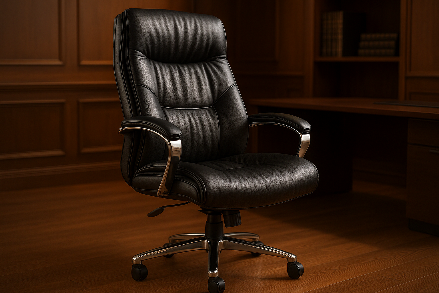 A luxurious high-back executive office chair in black leather with chrome armrests and base, featuring elegant stitching and ergonomic design in a sophisticated office setting
