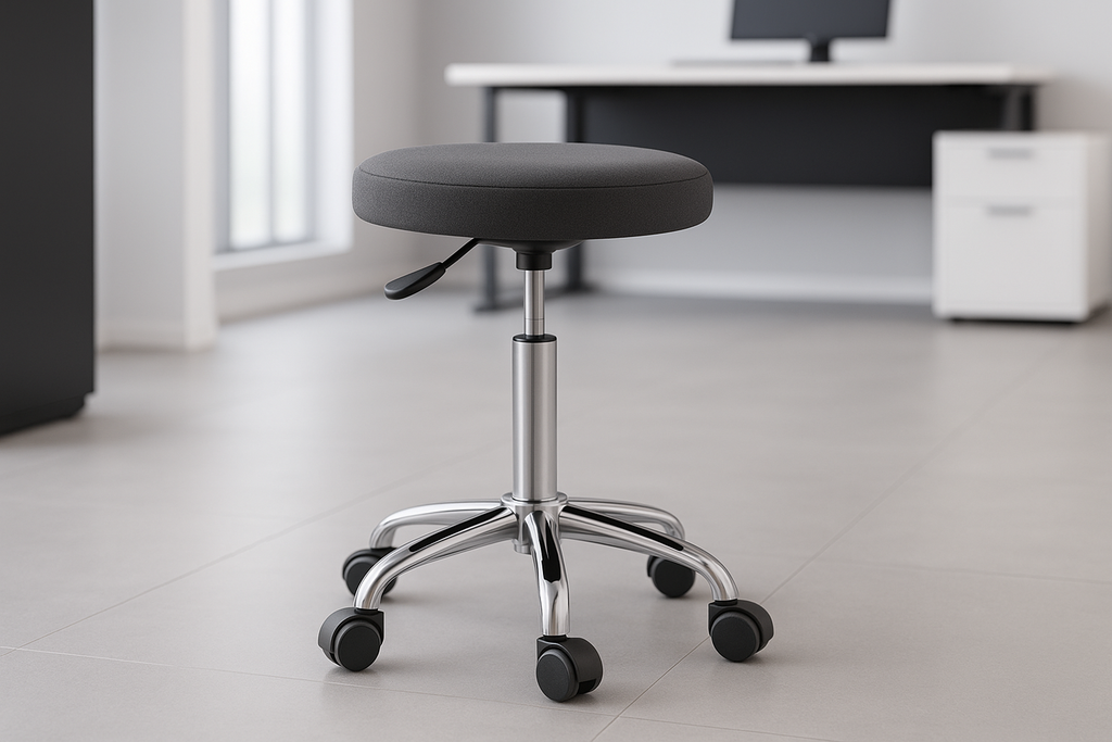 A modern ergonomic office stool with a black padded seat, chrome base with wheels, and height adjustment, shown in a professional office setting