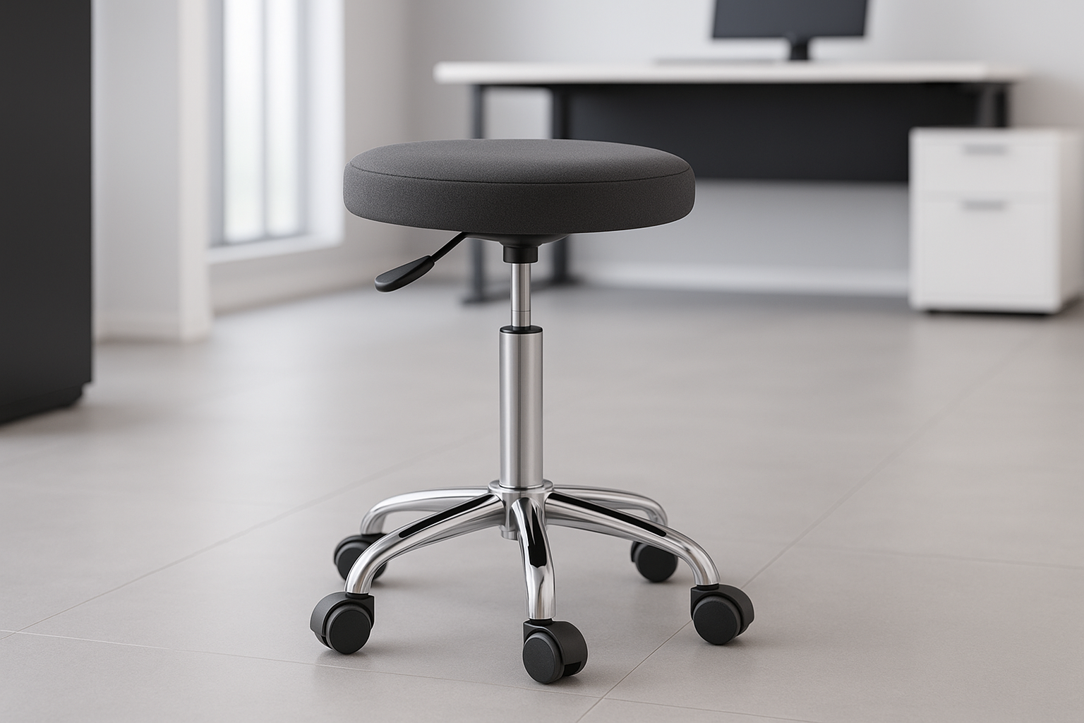 A modern ergonomic office stool with a black padded seat, chrome base with wheels, and height adjustment, shown in a professional office setting