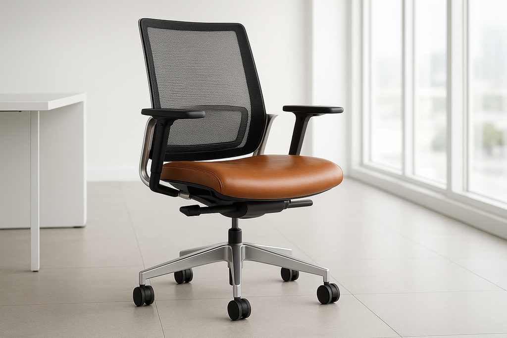 A modern executive office chair with a mesh back and cognac brown leather seat, featuring adjustable armrests and an aluminum frame, shown in a bright minimalist office with large windows