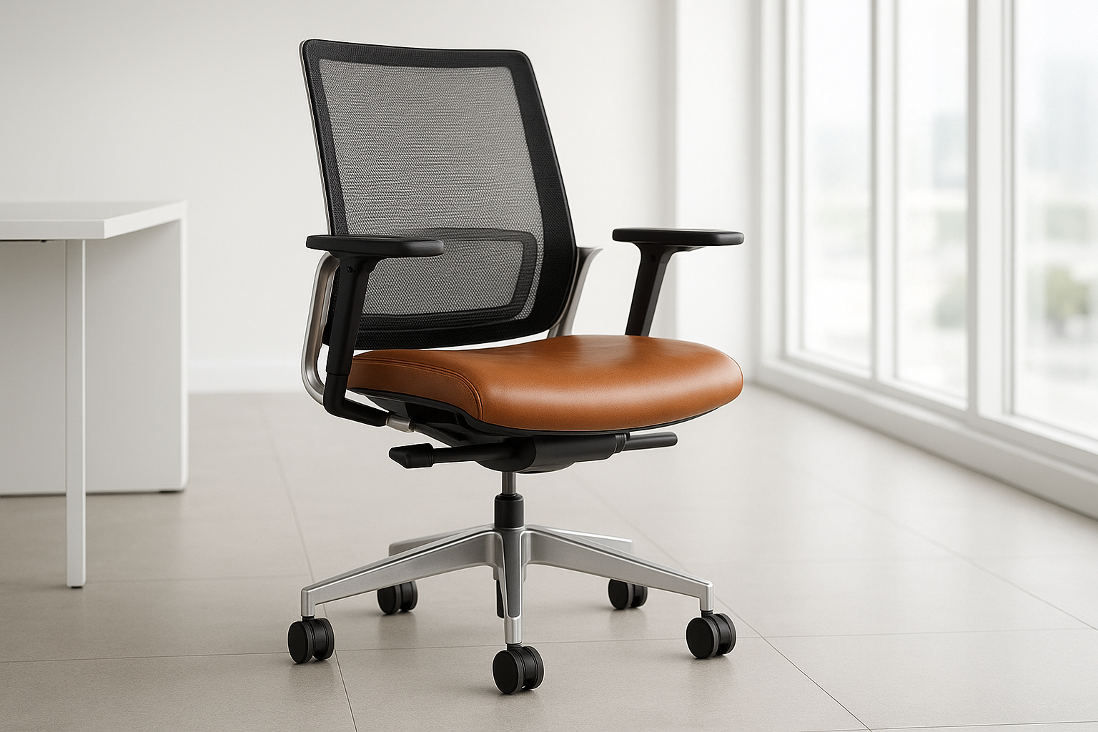 A modern executive office chair with a mesh back and cognac brown leather seat, featuring adjustable armrests and an aluminum frame, shown in a bright minimalist office with large windows