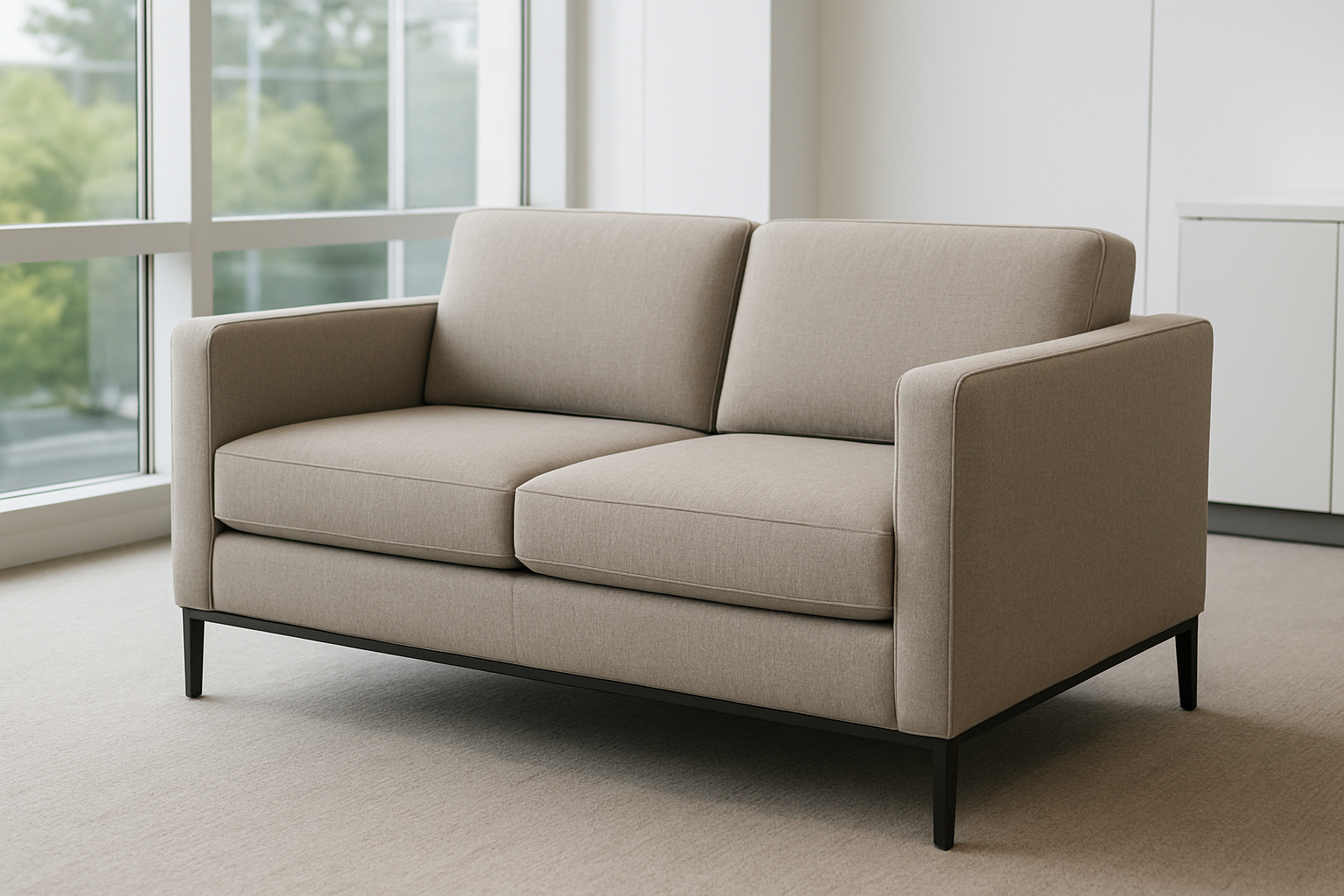 A modern office sofa with clean lines in a neutral gray color, positioned in a professional office environment with natural lighting