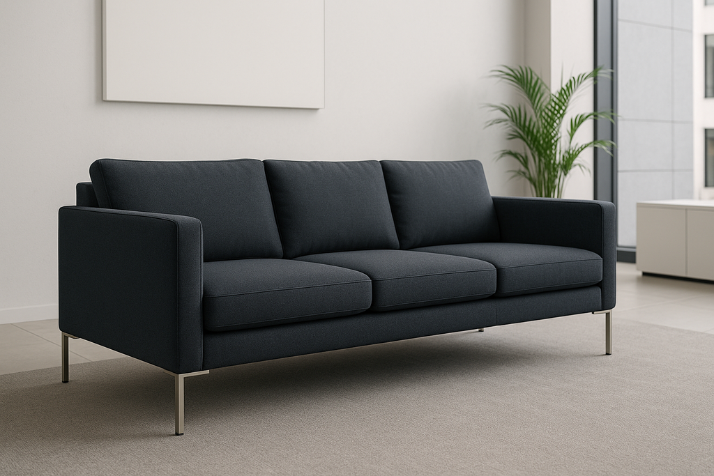 A stylish dark blue office sofa with metal legs in a contemporary minimalist office setting, shown from the front with slight perspective