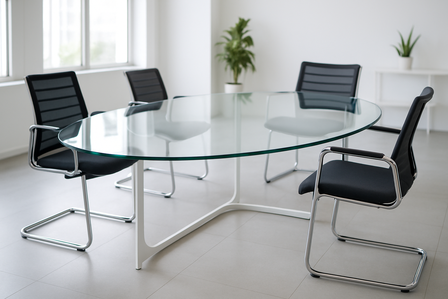 Imagen profesional de una mesa de vidrio moderna y redondeada en oficina abierta luminosa